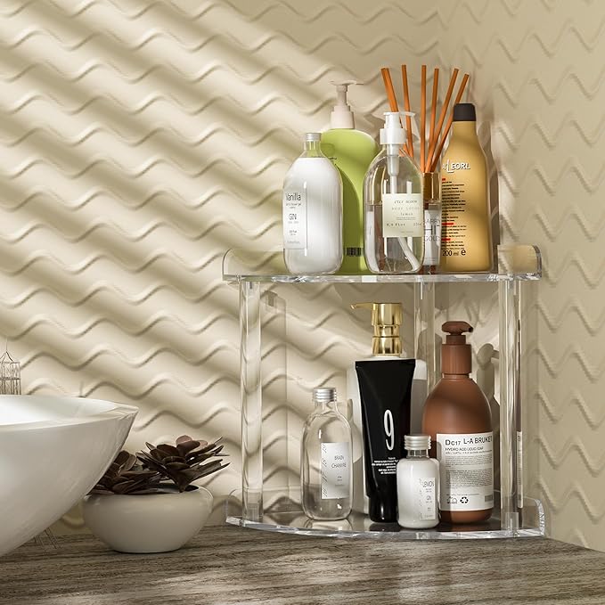 Sezanrpt 2 Tier Countertop Corner Organizer Shelf 7x7x8 Inch, Acrylic Bathroom Organizer Corner Shelf for Countertop, Clear V
