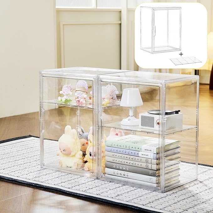 Acrylic Display Case, 2 Tier Clear Plastic Stackable Storage Bins with Magnetic Lids, Figure Display Case for Collectibles Co