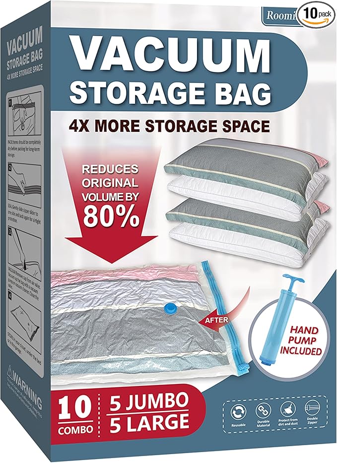 Roomimaster Vacuum Storage Bags, Vacuum Seal Space Saver Bags for Clothing, Travel Lugggage, Carry-on, Blankets, Comforters, 