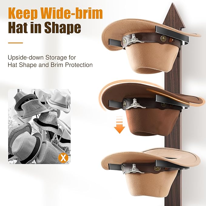 Cinati Cowboy Hat Rack Wall Mount - Wooden Western Rustic Metal Hanger With Arrow Sign Board - Holds up to 4 Hats, Fedora, Su
