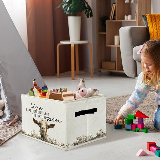 Rustic Goat Storage Bins & Boxes with Handles, Farmhouse Goat Foldable Basket for Organizing, Live Like Someone Left the Gate