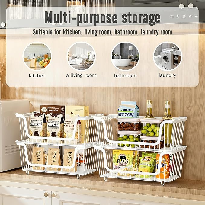 GAOKASE 4 Pcs Stackable Wire Baskets for Pantry Organizers and Storage,Vegetable Fruit Basket for Countertop,Kitchen Storage 