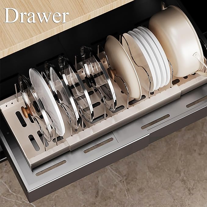 Pots and Pans Organizer Under Cabinet Expandable Pot Lid Holder with 10 Adjustable Dividers Pot Rack for Kitchen Storage Cutting Boards, Bakeware, Lid, White 2PCS