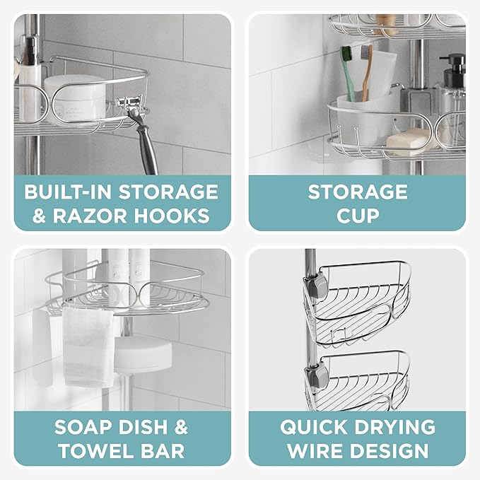 Zenna Home Tension Pole Shower Caddy Corner Organizer, Adjustable Standing Shower Caddy with 4 Shelves, Rustproof Bathroom Te