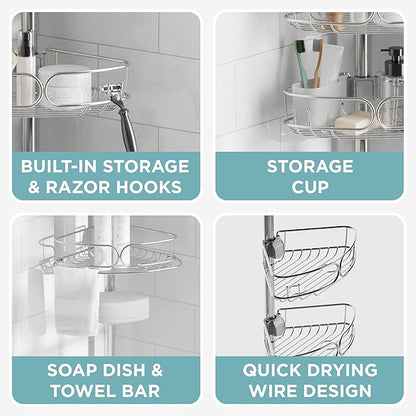 Zenna Home Tension Pole Shower Caddy Corner Organizer, Adjustable Standing Shower Caddy with 4 Shelves, Rustproof Bathroom Te