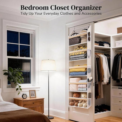 Ultra-Thin 5 Tiers Over the Door Organizer Hanging with 10 Side Pocket for Narrow Gaps,44lbs Behind the Door Storage Closet B