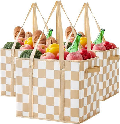 Checkered Reusable Grocery Bags Heavy Duty 3 Pack Foldable Shopping Bags with Handles for Groceries Collapsible Tote
