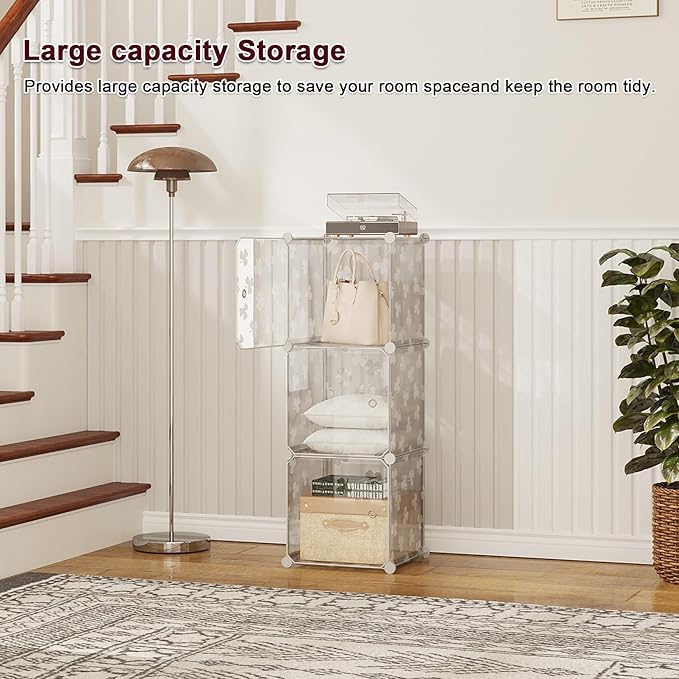 C&AHOME Cube Storage Organizer with Doors, 3-Cube Shelves, DIY Plastic Modular Bookshelf, Closet Clothes Storage Shelving Ide