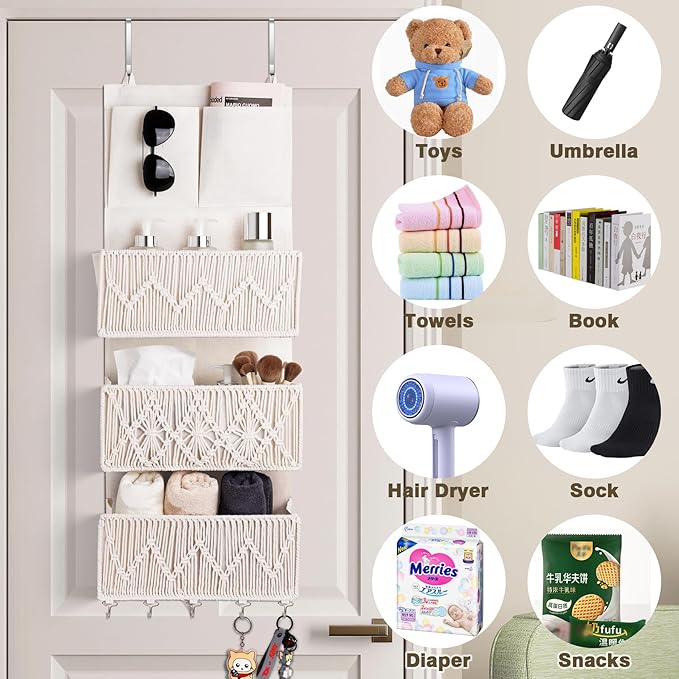 ANTIS'S HOME Over The Door Organizer Boho Bedroom Decor Nursery Storage with 3 Large Woven Pockets, Macrame Nursery Organizer