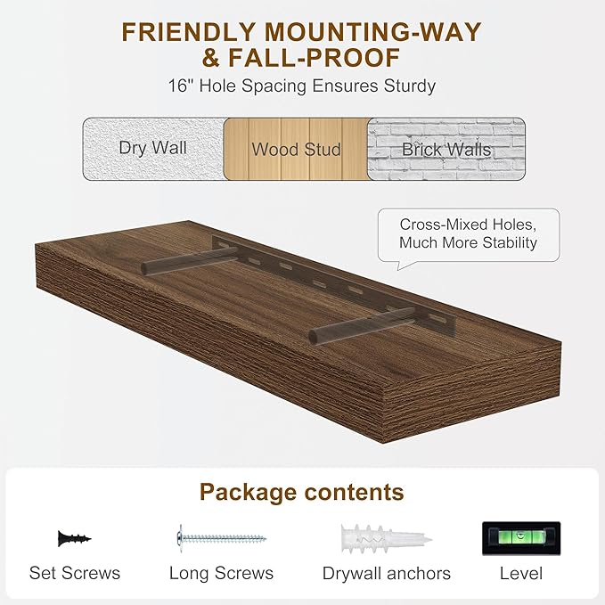 Fun Memories 72 Inch Floating Shelves, Wall Mounted Rustic Wood Floating Shelf with Invisible Brackets for Storage & Decor, 2