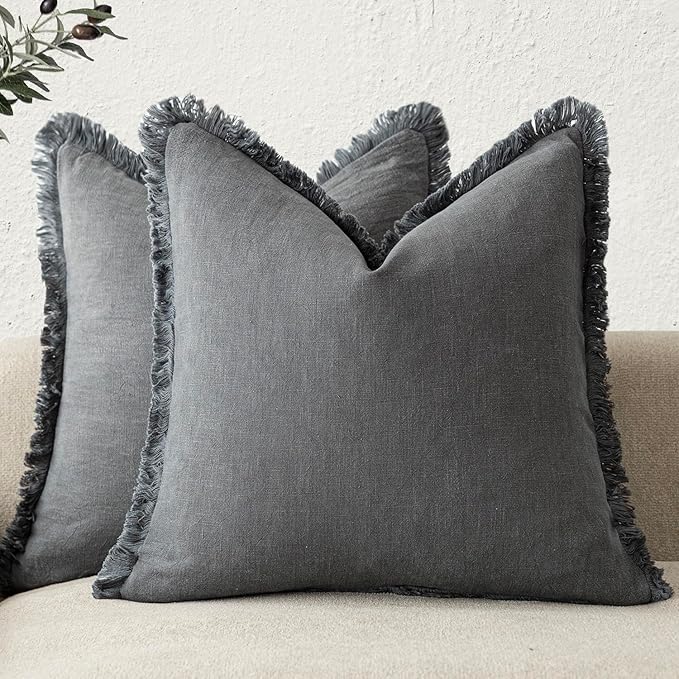Foindtower Set of 2 Decorative Linen Fringe Throw Pillow Covers Cozy Boho Farmhouse Cushion Cover with Tassels Soft Accent Pi