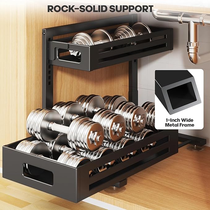 2 Pack 17IN-Depth Under Sink Organizer,Pull Out Cabinet Organizer With Smooth Cylindrical Rail,Metal Slide Out Drawer for Kit