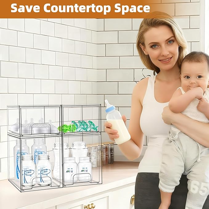 Baby Bottle Organizer, Stackable Storage Drawers with Label, Clear Station Organizers Container for Pacifiers, Pump Parts, De