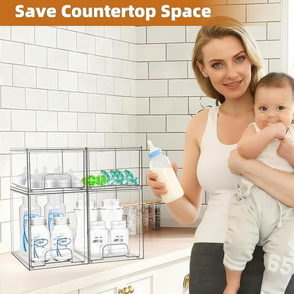 Baby Bottle Organizer, Stackable Storage Drawers with Label, Clear Station Organizers Container for Pacifiers, Pump Parts, De