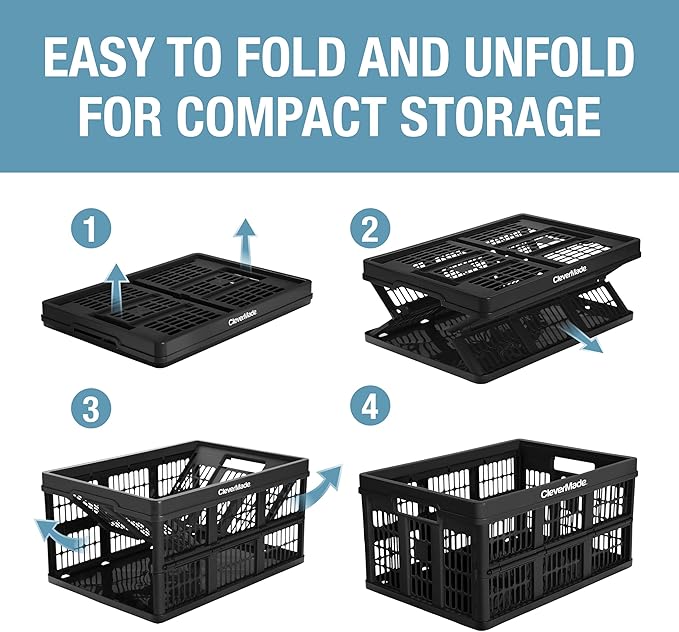 CleverMade Collapsible Utility Crate 45L Foldable Plastic Crate with Heavy Duty 66 lb Capacity for Storage, Trunk Organizatio