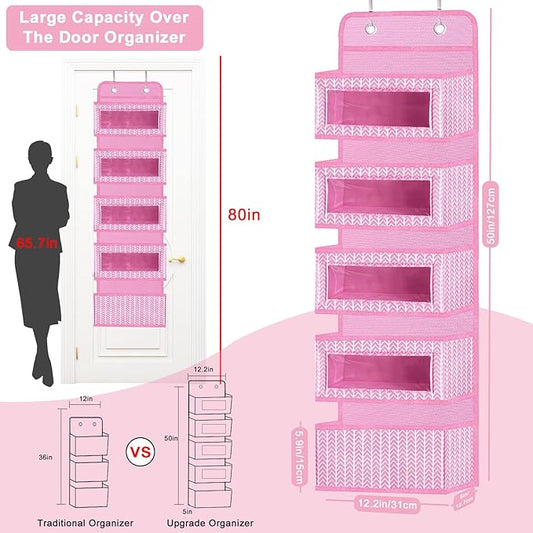 VERONLY Over The Door Hanging Organizer with 5 Large Pockets - Wall Mount Pantry Storage with 2 Big Metal Hooks for Baby Girl