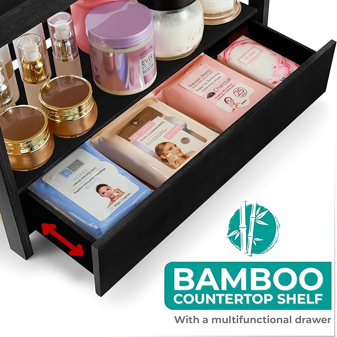 Sorbus Bamboo Bathroom Counter Organizer – 2-Tier Shelf with Hidden Drawer for Vanity, Matcha Station, Bathroom Sink Organize