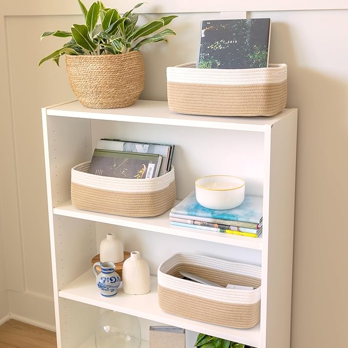 NaturalCozy 13.5”x8.5”x5.5” Storage Baskets for Shelves 3 Pack | Cotton Rope Woven Small Baskets for Organizing | Small Stora
