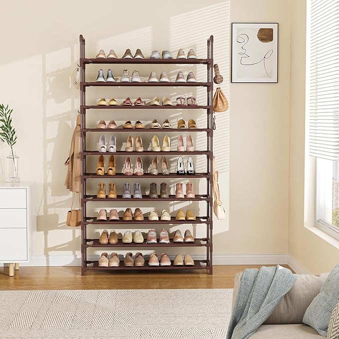 LANTEFUL Tall Shoe Rack 10 Tier Shoe Organizer Large Shoe Shelf with 18 Hooks Storage for 50 Pair Sneaker and Boot, Stackable
