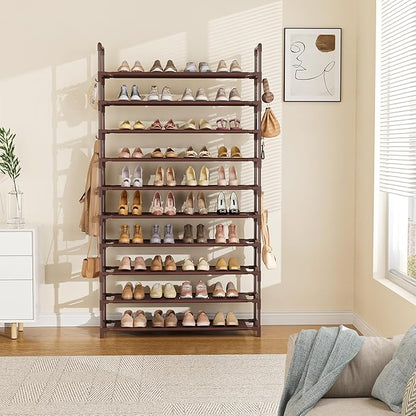 LANTEFUL Tall Shoe Rack 10 Tier Shoe Organizer Large Shoe Shelf with 18 Hooks Storage for 50 Pair Sneaker and Boot, Stackable