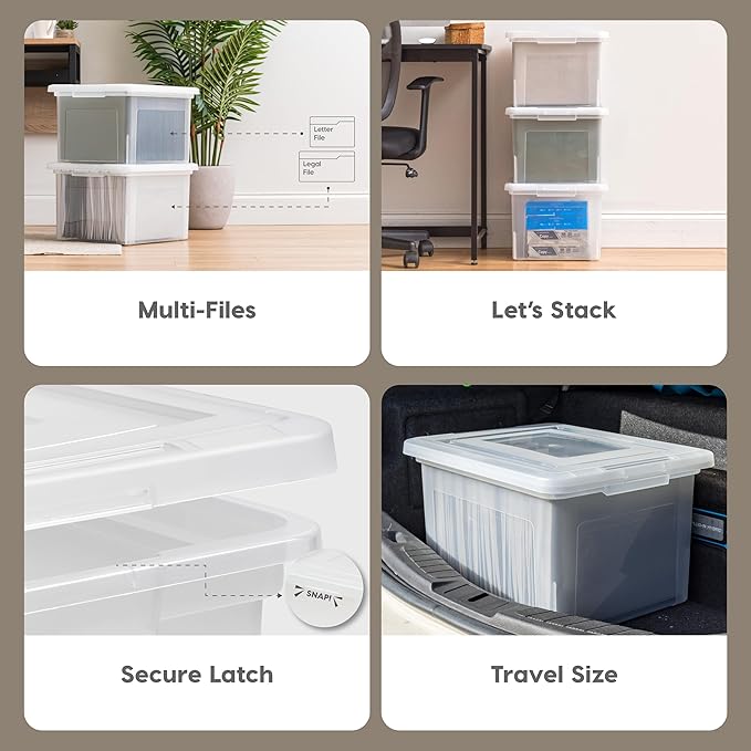 IRIS USA File Box, Plastic File Organizer with Lids for Letter/Legal File, Portable Document Box For Moving, Storage Bin with