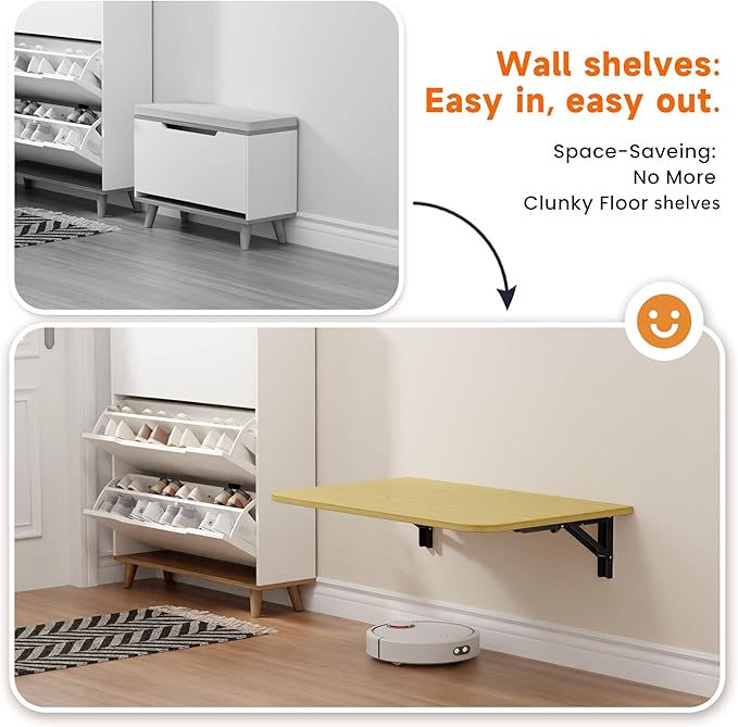 Foldable Floating Wall Shelves 20 inch, Bathroom Shelves Wall Mounted,12" Deep Wood Floating Kitchen shelves,Easy to Install 