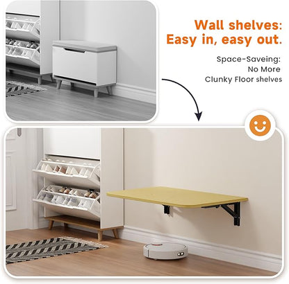 Foldable Floating Wall Shelves 20 inch, Bathroom Shelves Wall Mounted,12" Deep Wood Floating Kitchen shelves,Easy to Install 