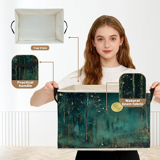 Dark Enchanted Forest Full Moon Storage Box Bins, Mystical Moonlit Night Forest Collapsible Storage Basket Organizer for Bedr