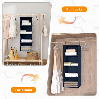 Hanging Closet Organizer - 4-Shelf, Easy Mount Foldable Wardrobe Storage Shelves for Clothes, Handbags, Shoes & Accessories -
