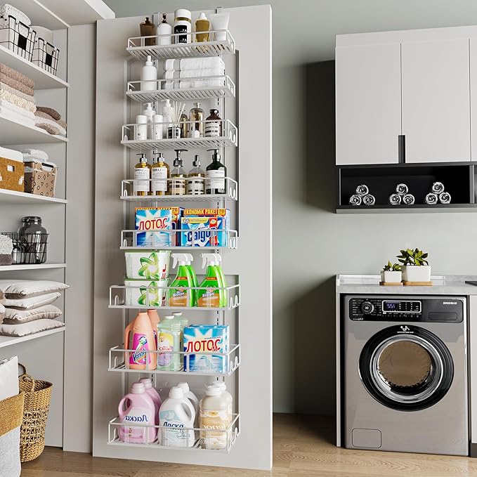 Bunoxea White 8-Tier Over The Door Pantry Organizer, Pantry Organization And Storage, Metal Hanging Spice Rack Shelves Door, 