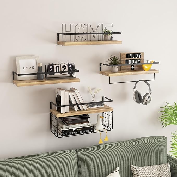 Wood Floating Shelves Wall Mounted - 4+1 Tier Rustic Bathroom Wall Shelves Over Toilet with Wire Storage Basket and Towel Bar