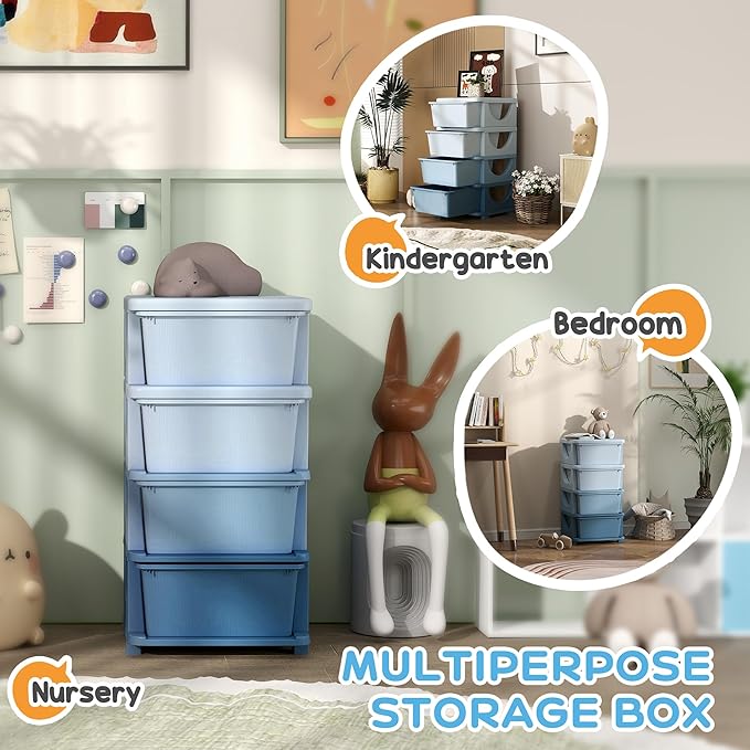 Qaba 4 Tier Kids Storage Unit, Toy Organizers and Storage with 4 Drawer Chest for Kids Bedroom Nursery Kindergarten Living Ro