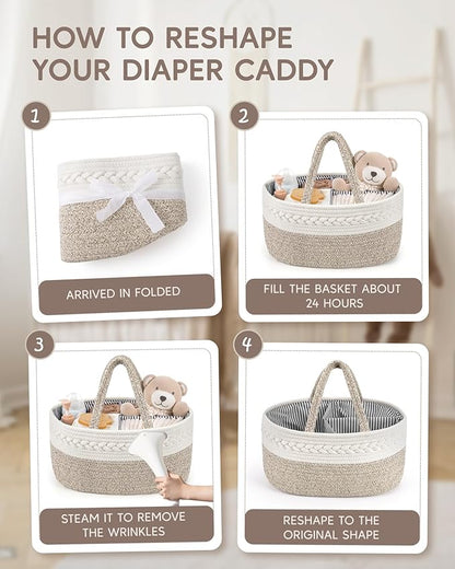 Maliton Extra Large Diaper Caddy Organizer, Cotton Rope Nursery Basket, Portable Organizer for Changing Table, Car, Diaper St