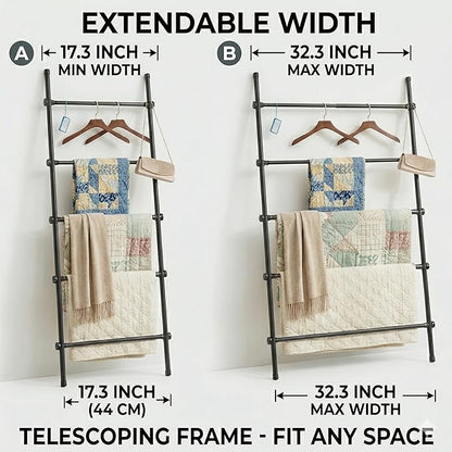 Blanket Ladder Black Expandable Width (17.3-32.3 inch) 5.4 Ft Tall 5 Rungs Metal Quilt Holder Rack Wall Leaning Strong Load C
