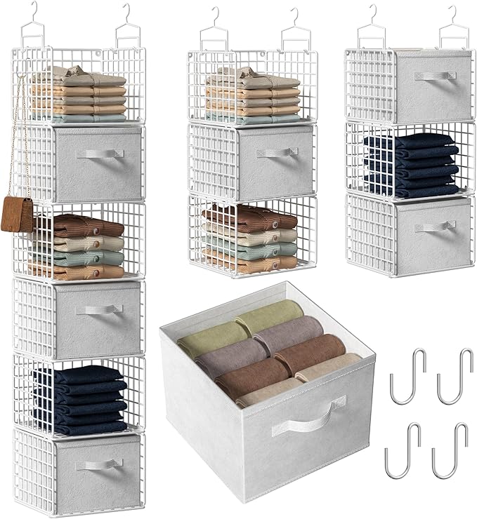 Closet Hanging Organizer with Drawers, 6 Tier Metal Closet Organizers and Storage with 4 Hanging Hooks 4 S-Hooks for Wardrobe