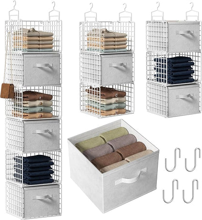 Closet Hanging Organizer with Drawers, 6 Tier Metal Closet Organizers and Storage with 4 Hanging Hooks 4 S-Hooks for Wardrobe