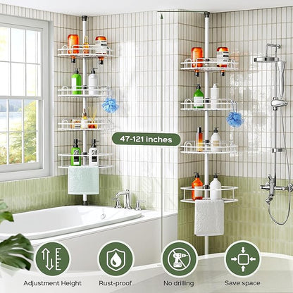 HAMITOR Corner Shower Caddy Tension Pole: Rustproof Bathroom Organizer Shelves for Bathtub Shampoo Accessories Storage Holder