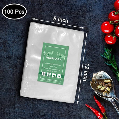 Vacuum Sealer Bags, 8" × 12" 100 PCS Heavy Duty Pre-Cut Design Commercial Grade Food Sealable Bag for Heat Seal Food Storage,