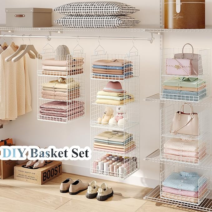 Yuyetuyo ﻿5 Tier Hanging Closet Organizer Separable Hanging Closet Shelves with 4 Hooks 2 Adjustable Dividers, Wire Storage B