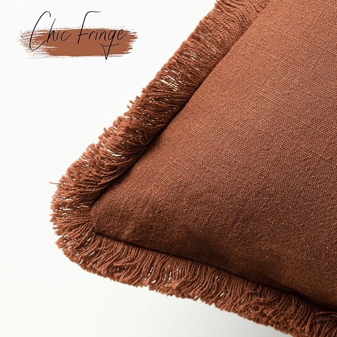 Foindtower Set of 2 Decorative Linen Fringe Throw Pillow Covers Farmhouse Cushion Cover with Tassels Soft Accent Pillowcase f