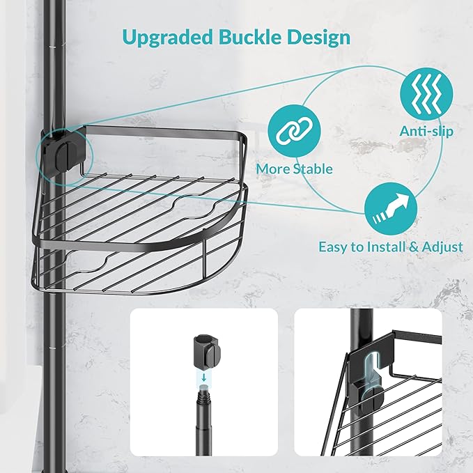 Shower Caddy Tension Pole, 4-Tier Adjustable Corner Shower Standing Caddy, Rustproof Rack for Bathroom Bathtub, with 4 Shelve
