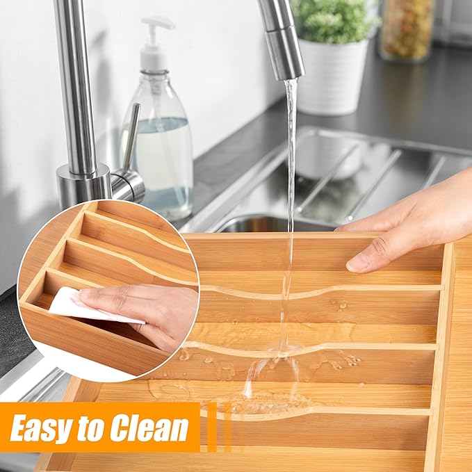 Bellsal Bamboo Silverware Drawer Organizer, Kitchen Utensil Drawer Organizers, 12"x15.7" Utensils Holder Cutlery Tray with Gr
