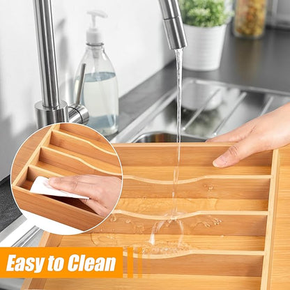 Bellsal Bamboo Silverware Drawer Organizer, Kitchen Utensil Drawer Organizers, 12"x15.7" Utensils Holder Cutlery Tray with Gr