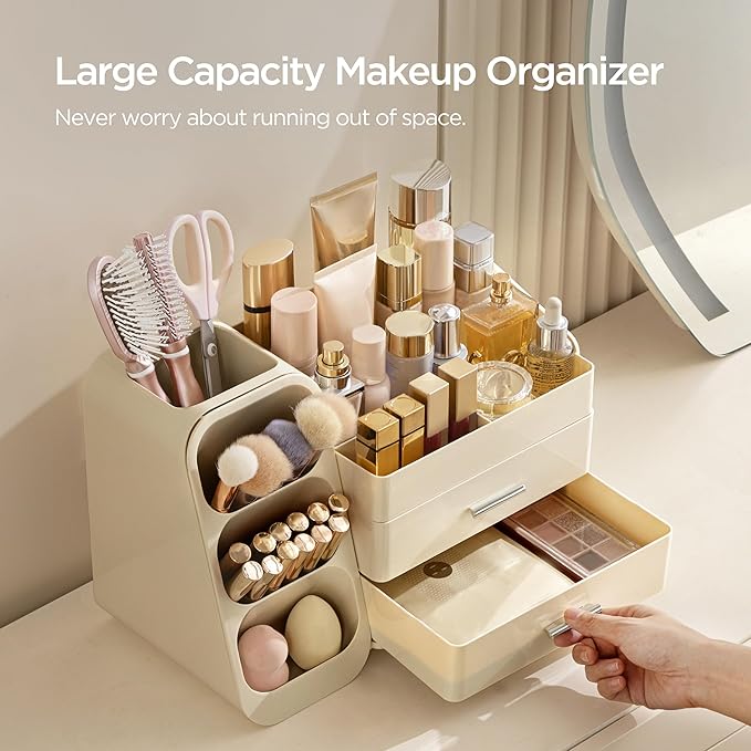 HBlife Makeup Organizer with Brush Holder for Vanity, Large Plastic Bathroom Countertop Organizer Skin Care Storage, Easy to 