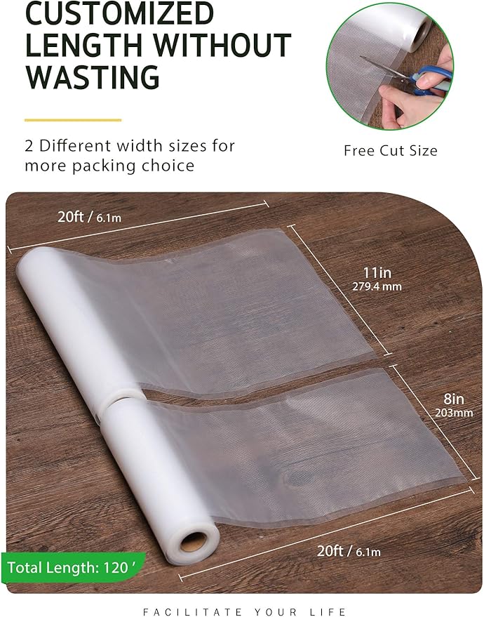 Syntus Vacuum Sealer Bags, 6 Pack 3 Rolls 11" x 20' and 3 Rolls 8" x 20' Commercial Grade BPA Free Bag Rolls, Food Vac Bags f