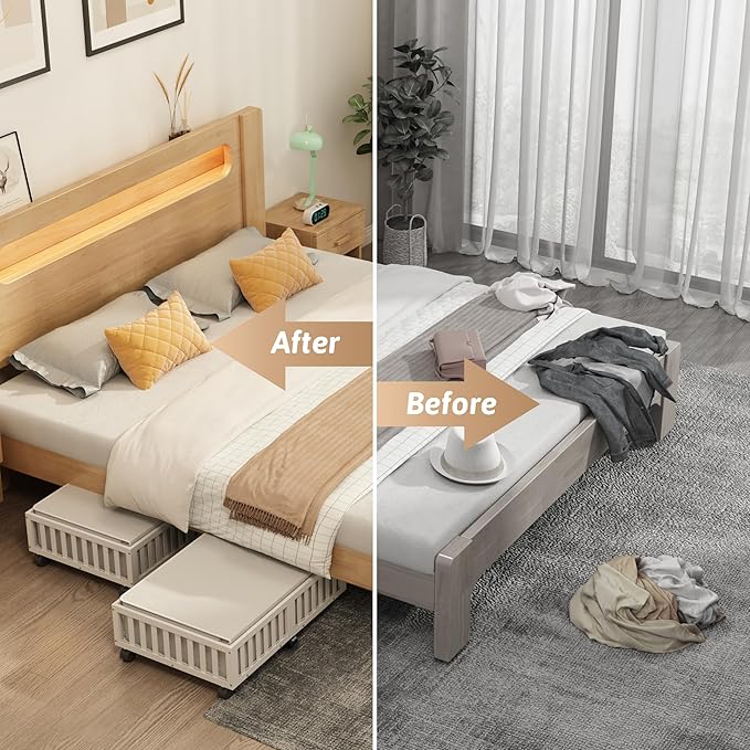 Bamboo Under Bed Storage Containers with Wheels, 2 Pack Large Under the Bed Shoe Storage Bins, Wood Rolling Underbed Drawers 