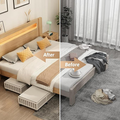 Bamboo Under Bed Storage Containers with Wheels, 2 Pack Large Under the Bed Shoe Storage Bins, Wood Rolling Underbed Drawers 