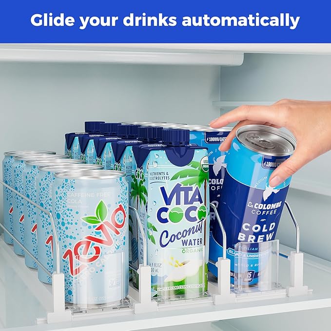Puricon Drink Organizer for Fridge Pusher Glide Bundle 4-Tier Kids Bookshelf