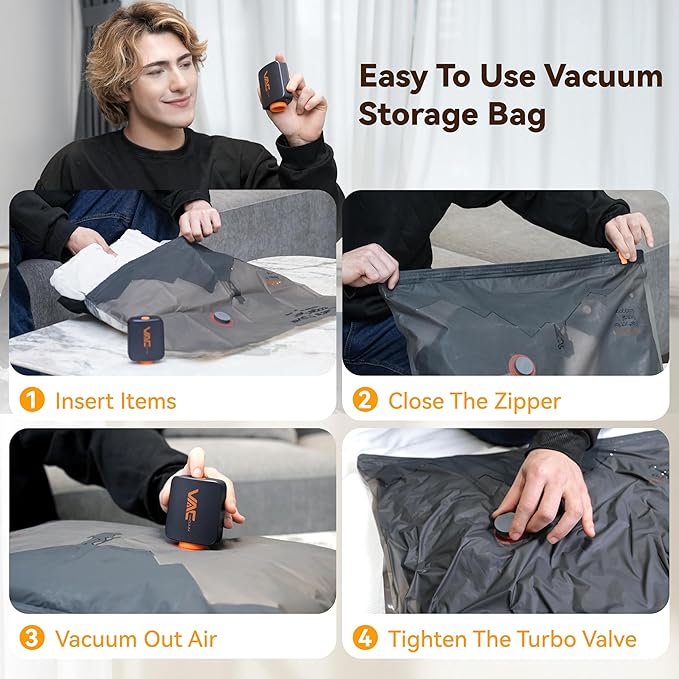 Travel Vacuum Bags for Clothing with Rechargeable Cordless Pump,Vacuum Storage Bags,15 Pack Vacuum Bags,Compression Packing f