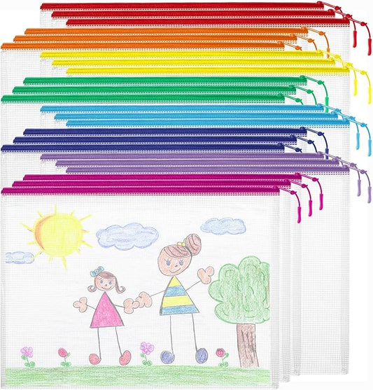24pcs Mesh Zipper Pouch Bags Puzzle Storage Bags, A4 13x9 Inches Large Reusable Zipper Pouches for Classroom Organizing Board